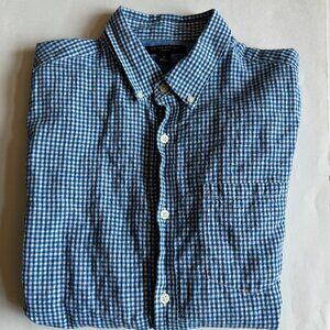 Banana Republic Slim Fit Gingham Checked Linen Blend Button Down Shirt Navy